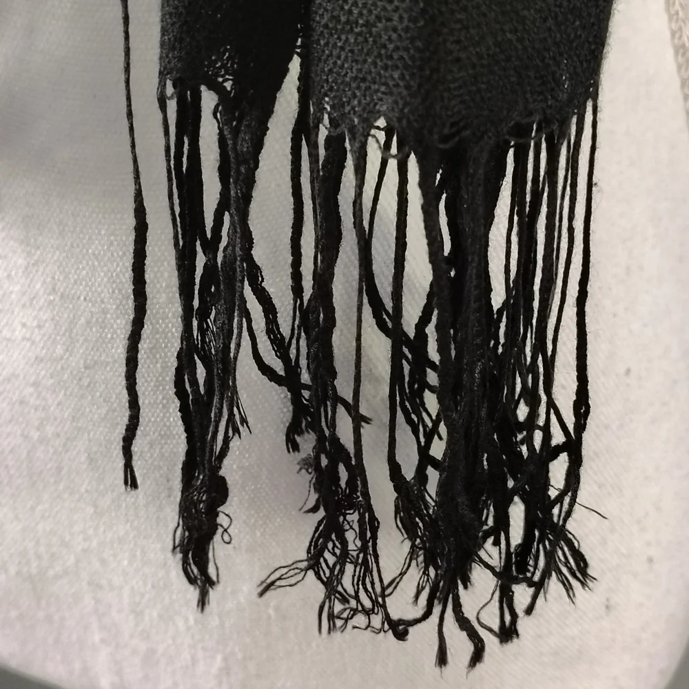 Artisan Crystal Beaded Necklace Scarf Stone Chips Nuggets Wrapped Fringe Black